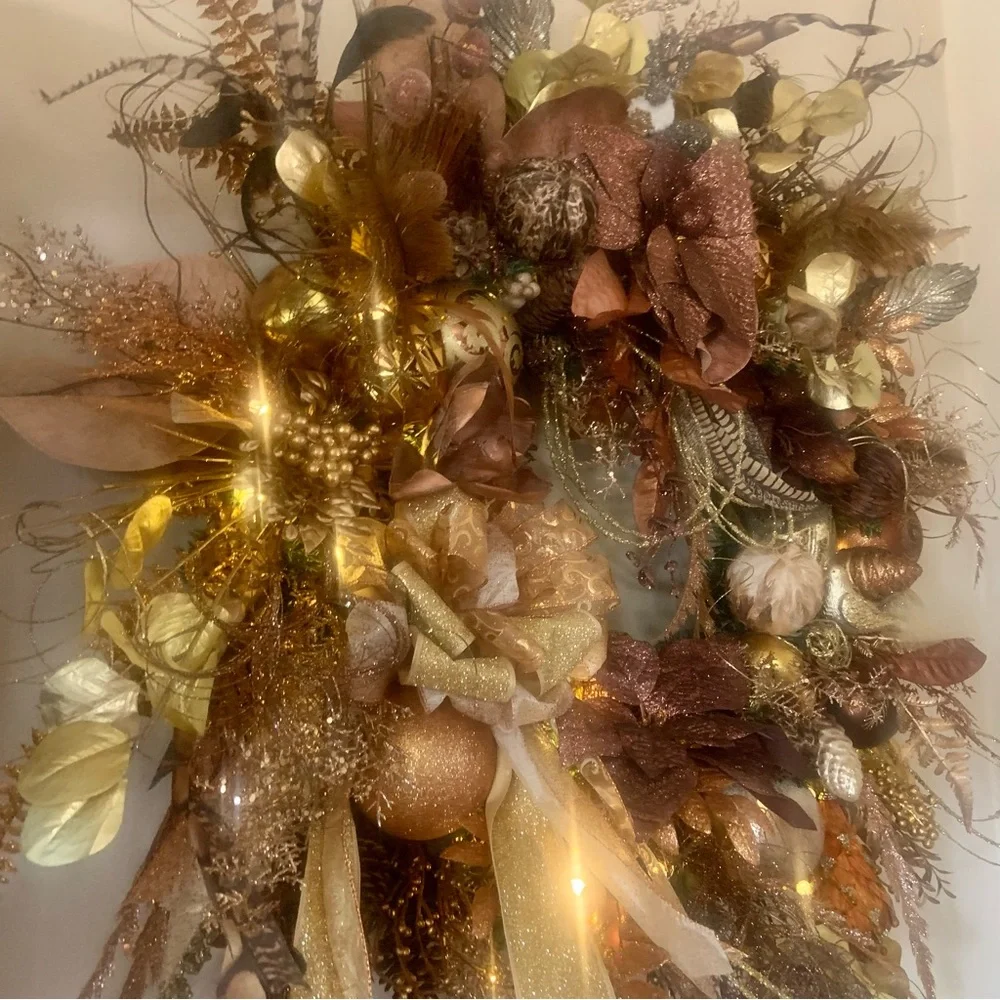 New Large 32” Elegant Floral Christmas Bronze Gold Luxury Wreath With Lights